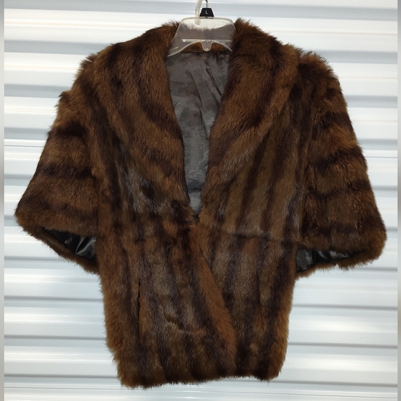 Mink Fur Stole Cape Wrap Shawl Brown Lined Satin Genuine Fur Vintage - Picture 1 of 12